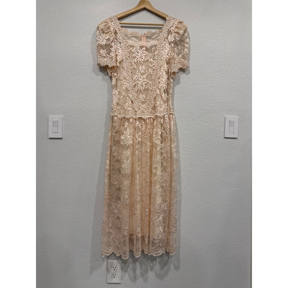 Vintage Cachet by Bari Protas Lace Beaded Drop Waist Midi Dress Peach Pink - S
